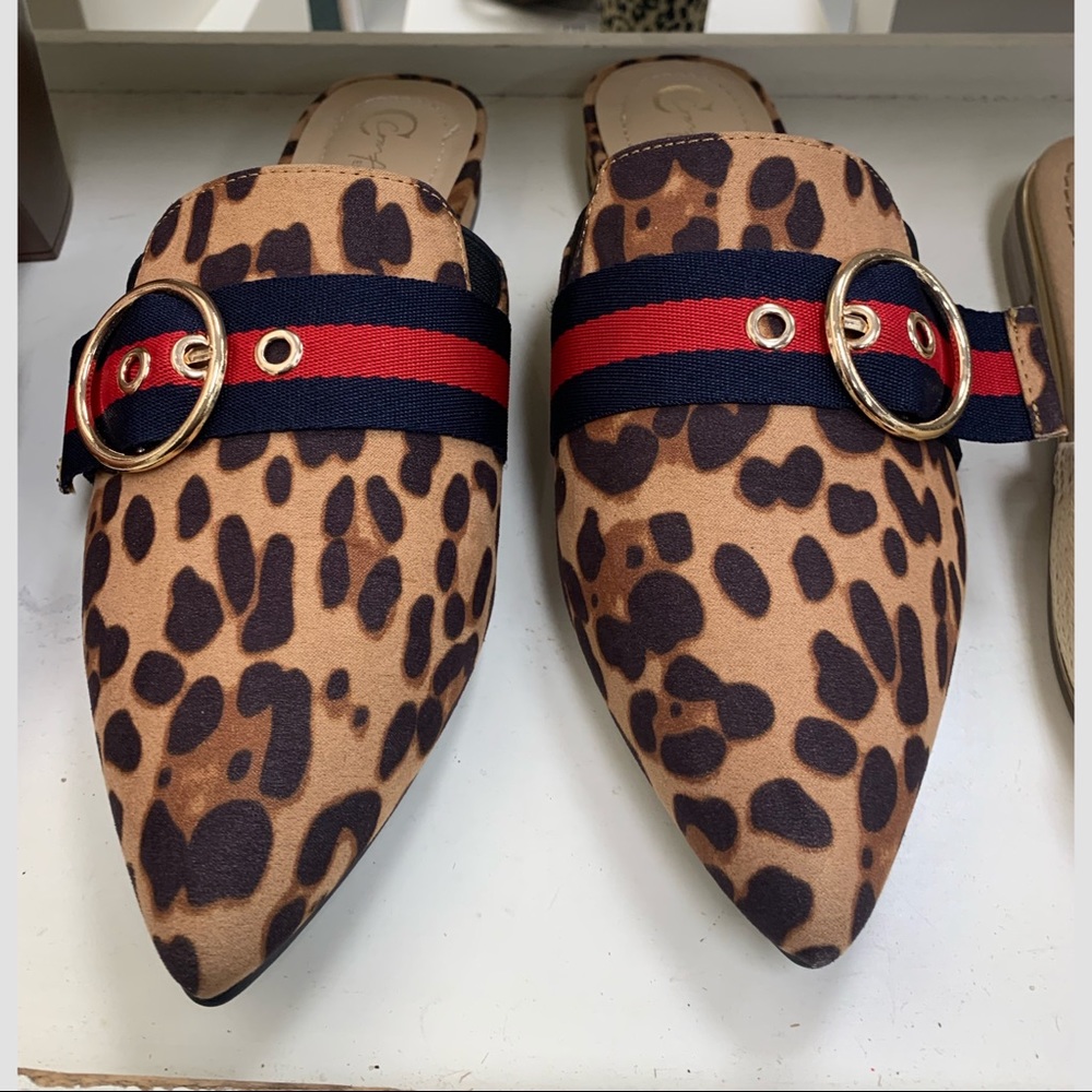 Leopard Buckle Mules Pointed Toe Slide